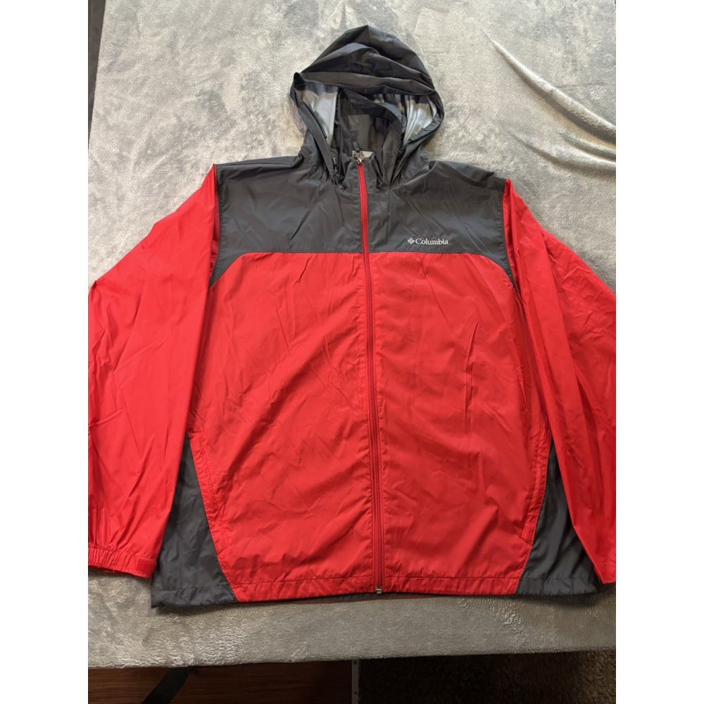 Columbia Windbreaker Jacket Size Men's XL Red Gray Hood Packable‎ Full Zip Up